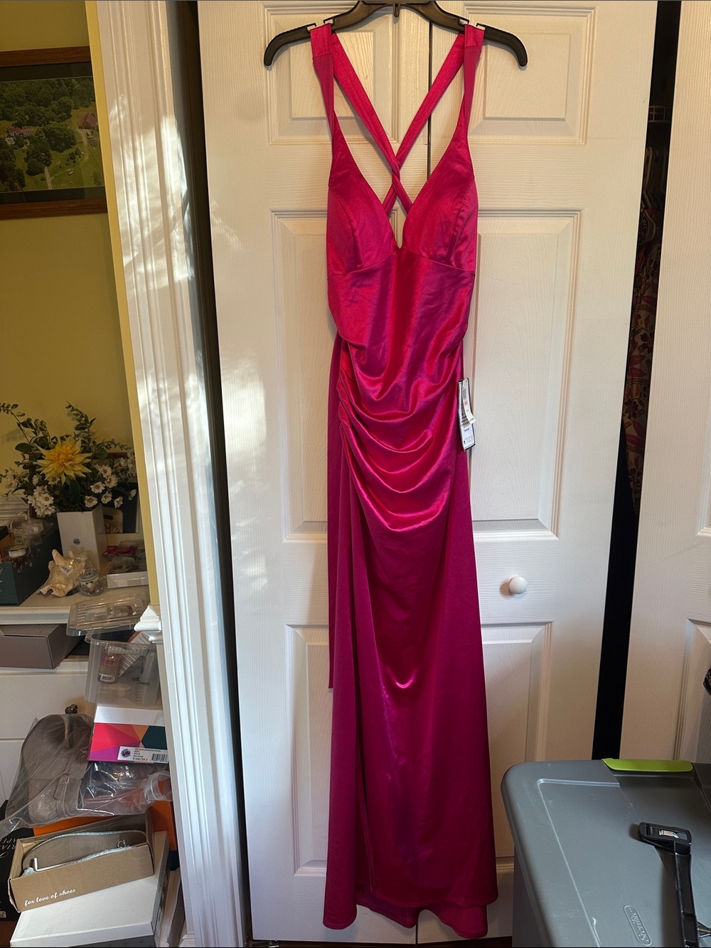 glam Hot Pink Satin Maxi Dress with Strappy Back
